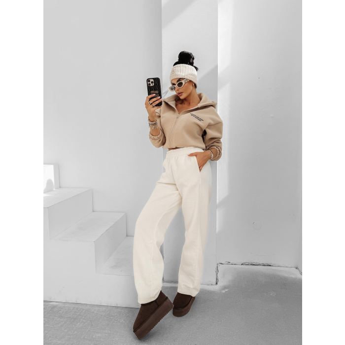 BLUZA DRESOWA BAWEŁNIANA DAMSKA Z KAPTUREM NA ZAMEK OLAVOGA CREATIVA BEIGE