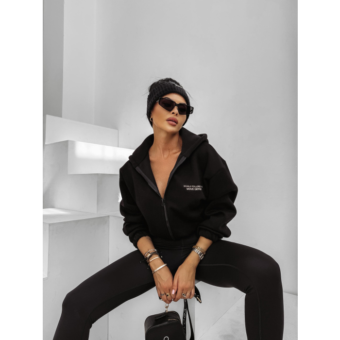 BLUZA DRESOWA BAWEŁNIANA DAMSKA Z KAPTUREM NA ZAMEK OLAVOGA CREATIVA BLACK