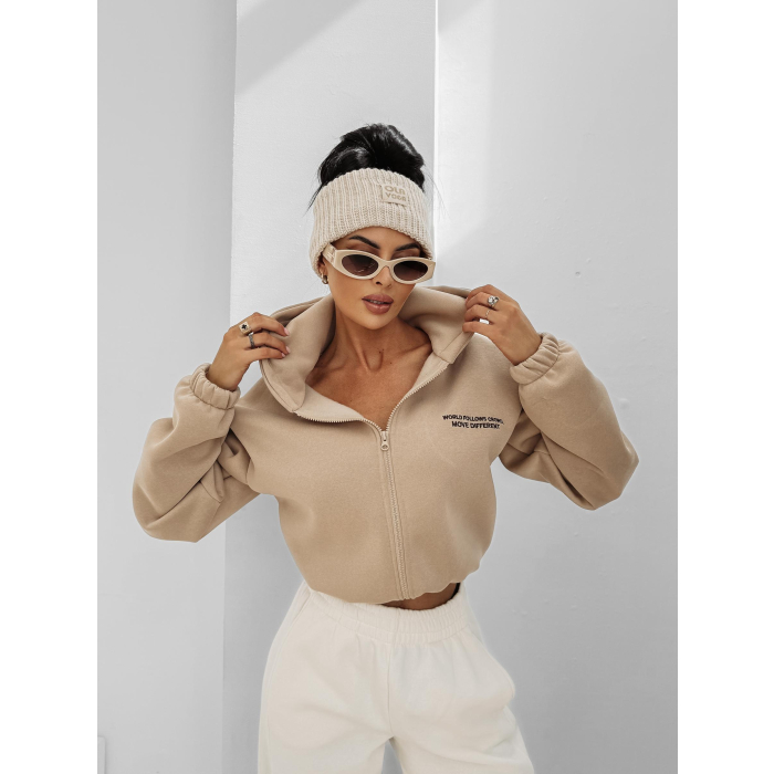 BLUZA DRESOWA BAWEŁNIANA DAMSKA Z KAPTUREM NA ZAMEK OLAVOGA CREATIVA BEIGE