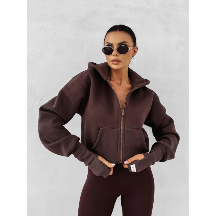 BLUZA DRESOWA BAWEŁNIANA DAMSKA Z KAPTUREM NA ZAMEK OLAVOGA SWEET HARMONY BROWN