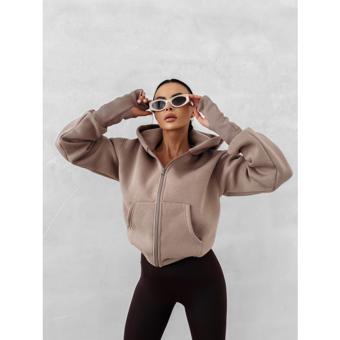 BLUZA DRESOWA BAWEŁNIANA DAMSKA Z KAPTUREM NA ZAMEK OLAVOGA SWEET HARMONY LATTE