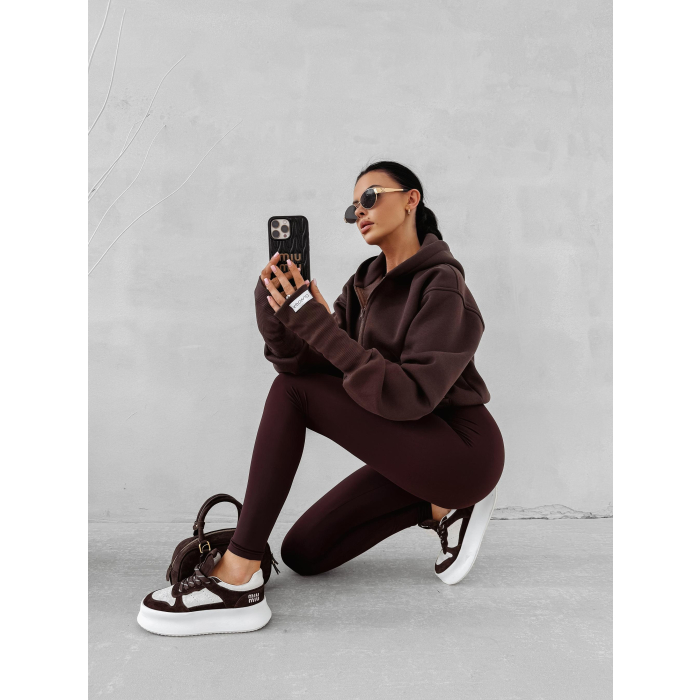 BLUZA DRESOWA BAWEŁNIANA DAMSKA Z KAPTUREM NA ZAMEK OLAVOGA SWEET HARMONY BROWN