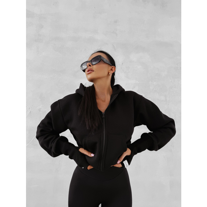 BLUZA DRESOWA BAWEŁNIANA DAMSKA Z KAPTUREM NA ZAMEK OLAVOGA SWEET HARMONY BLACK