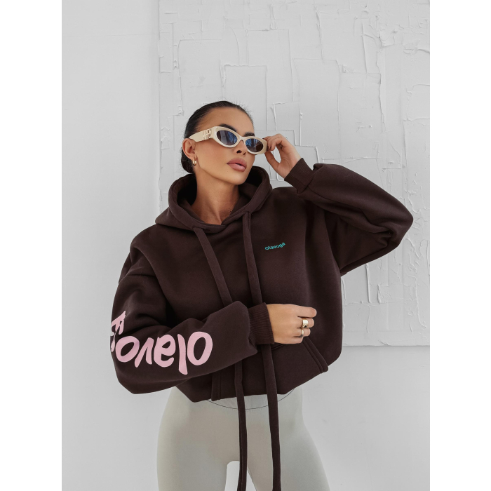 BLUZA DRESOWA BAWEŁNIANA DAMSKA Z KAPTUREM OLAVOGA PURE COMFORT BROWN