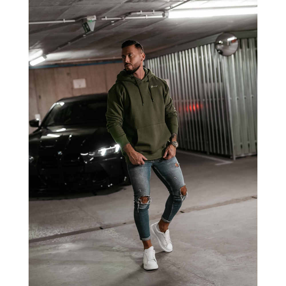 BLUZA MĘSKA BAWEŁNIANA Z KAPTUREM OVERSIZE HAFT OLAVOGA MEN TAZON KHAKI