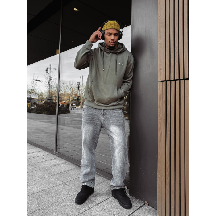 BLUZA MĘSKA BAWEŁNIANA Z KAPTUREM OVERSIZE HAFT OLAVOGA MEN TAZON KHAKI