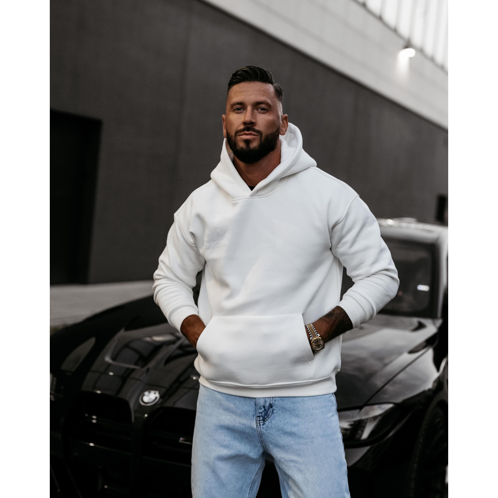 BLUZA MĘSKA BAWEŁNIANA Z KAPTUREM OVERSIZE OLAVOGA MEN VITREGNO ECRU