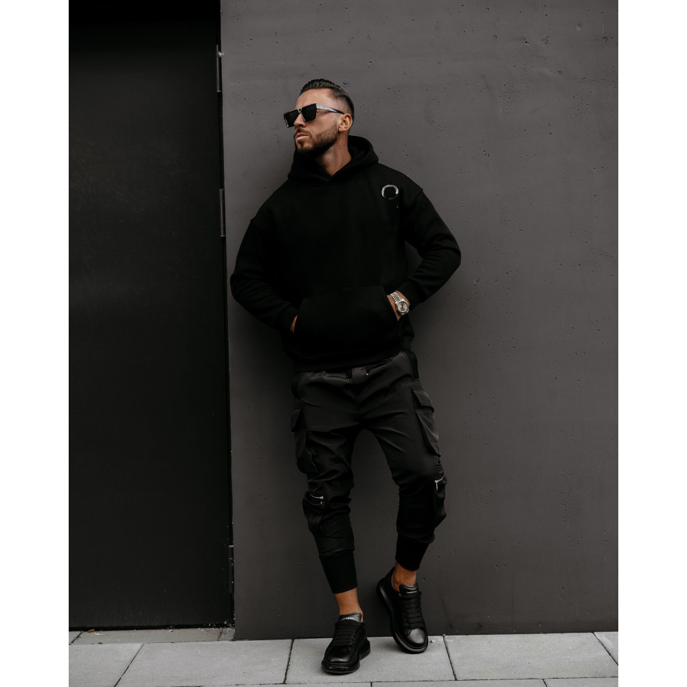 BLUZA MĘSKA BAWEŁNIANA Z KAPTUREM OVERSIZE OLAVOGA MEN ZAER BLACK