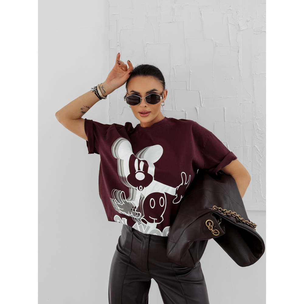 BLUZKA T-SHIRT DAMSKI OVERSIZE MYSZKA MIKI OLAVOGA BESCO BURGUND