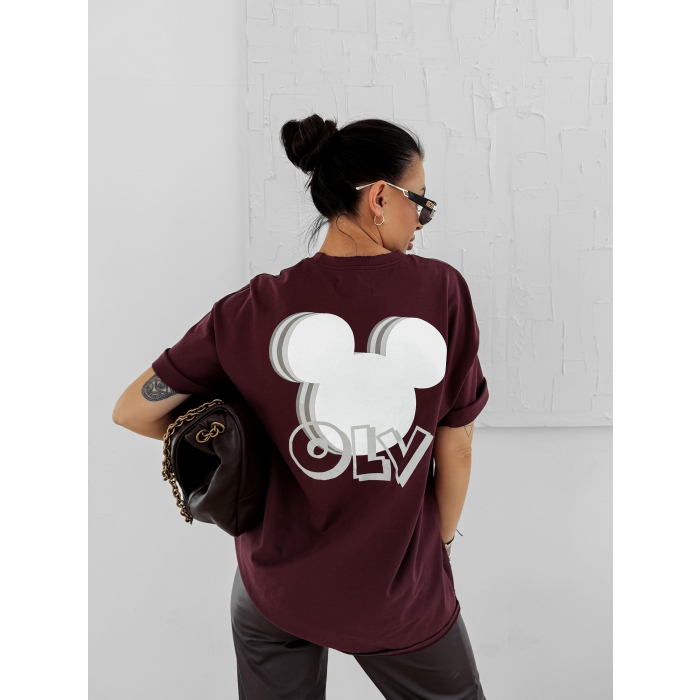 BLUZKA T-SHIRT DAMSKI OVERSIZE MYSZKA MIKI OLAVOGA BESCO BURGUND