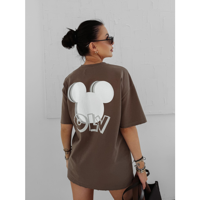 BLUZKA T-SHIRT DAMSKI OVERSIZE MYSZKA MIKI OLAVOGA BESCO BROWN