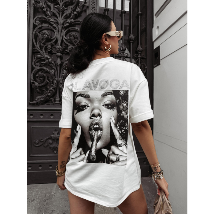 BLUZKA T-SHIRT DAMSKI OVERSIZE OLAVOGA PRINT KRYSZTAŁKI SIGAR ECRU