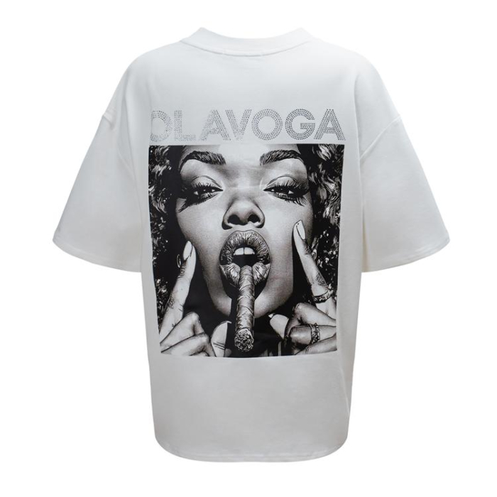 BLUZKA T-SHIRT DAMSKI OVERSIZE OLAVOGA PRINT KRYSZTAŁKI SIGAR ECRU