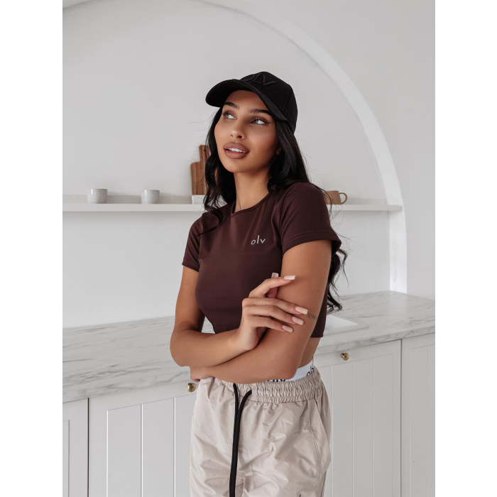 BLUZKA T-SHIRT DAMSKI SLIM FIT OLAVOGA BASIC MUSE DARK CHOCOLATE