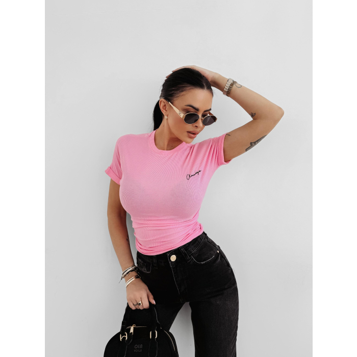 BLUZKA T-SHIRT DAMSKI SLIM FIT OLAVOGA FIOERY PINK