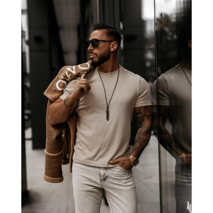BLUZKA T-SHIRT MĘSKI SLIM OLAVOGA MEN BOVY BEIGE