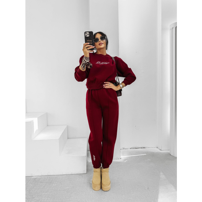 KOMPLET DRES DAMSKI BAWEŁNIANY HAFT OLAVOGA SCRITTO BORDO
