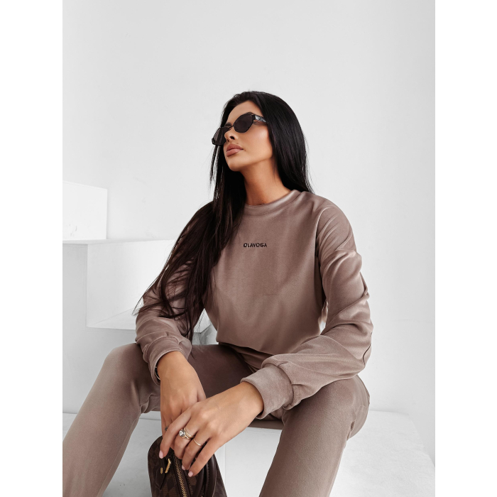 KOMPLET DRES DAMSKI WELUROWY HAFT OLAVOGA VELVET ASH LATTE