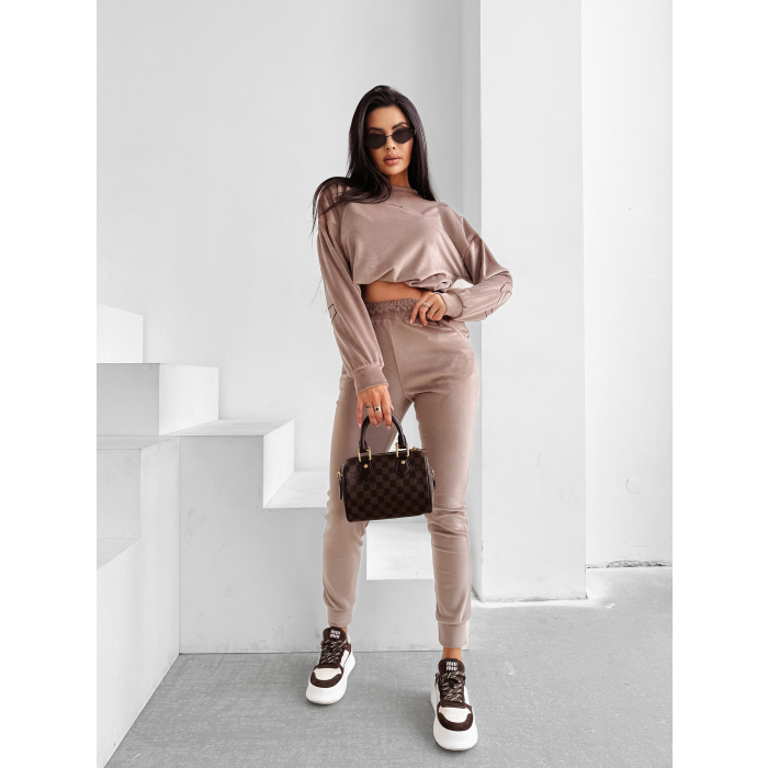 KOMPLET DRES DAMSKI WELUROWY HAFT OLAVOGA VELVET ASH LATTE