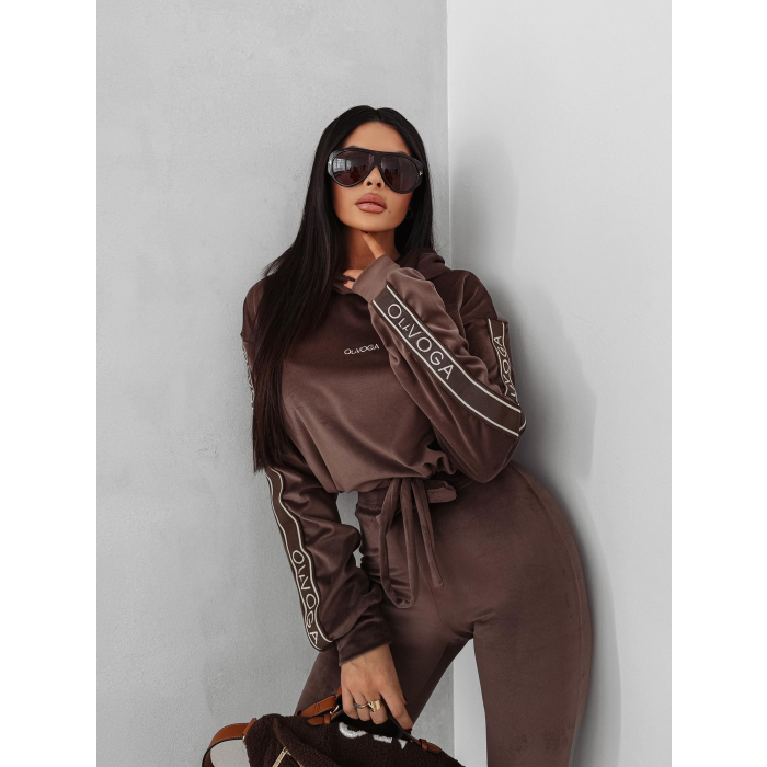 KOMPLET DRES DAMSKI WELUROWY HAFT LAMPASY OLAVOGA VELVET AURA BROWN