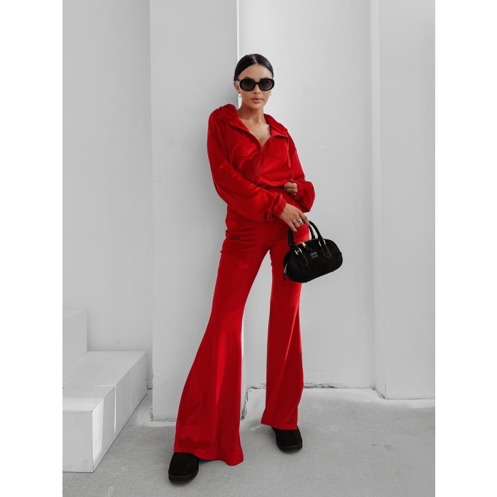 KOMPLET DRES DAMSKI WELUROWY HAFT LAMPASY OLAVOGA VELVET WOOD RED