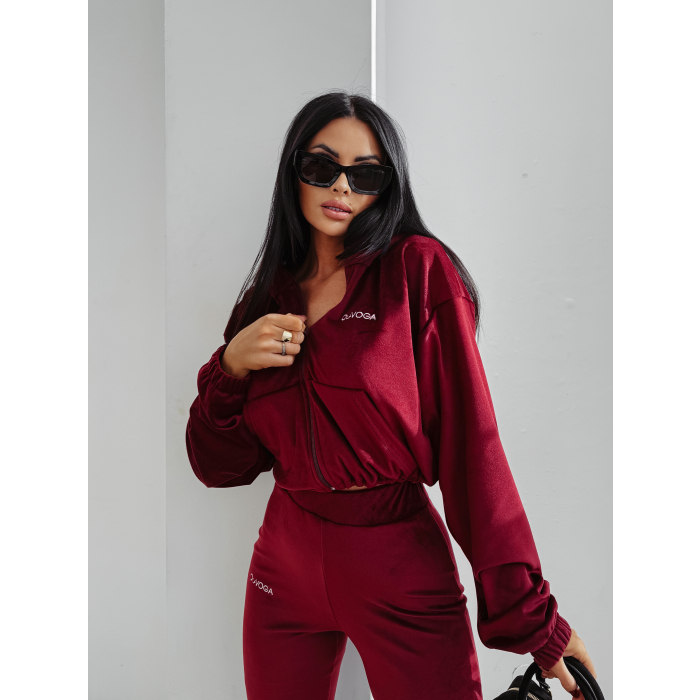 KOMPLET DRES DAMSKI WELUROWY HAFT LAMPASY OLAVOGA VELVET WOOD BURGUND