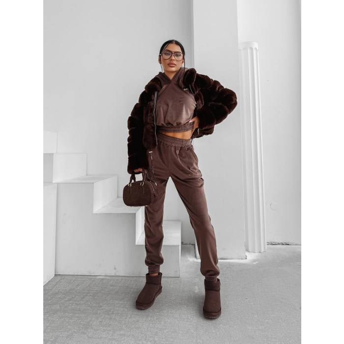 KOMPLET DRES DAMSKI WELUROWY Z KAPTUREM OLAVOGA FORM BROWN
