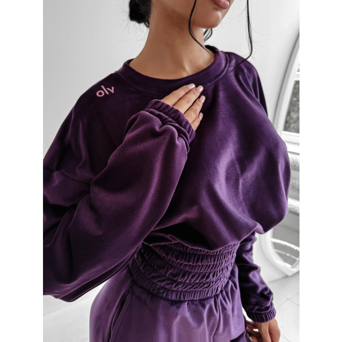 KOMPLET DRES WELUROWY HAFT OLAVOGA VELVET STORM PLUM