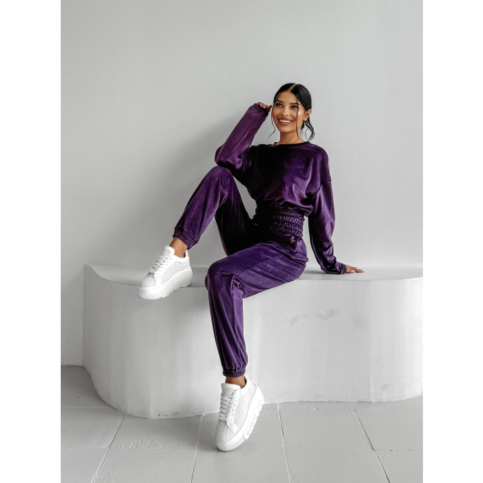 KOMPLET DRES WELUROWY HAFT OLAVOGA VELVET STORM PLUM