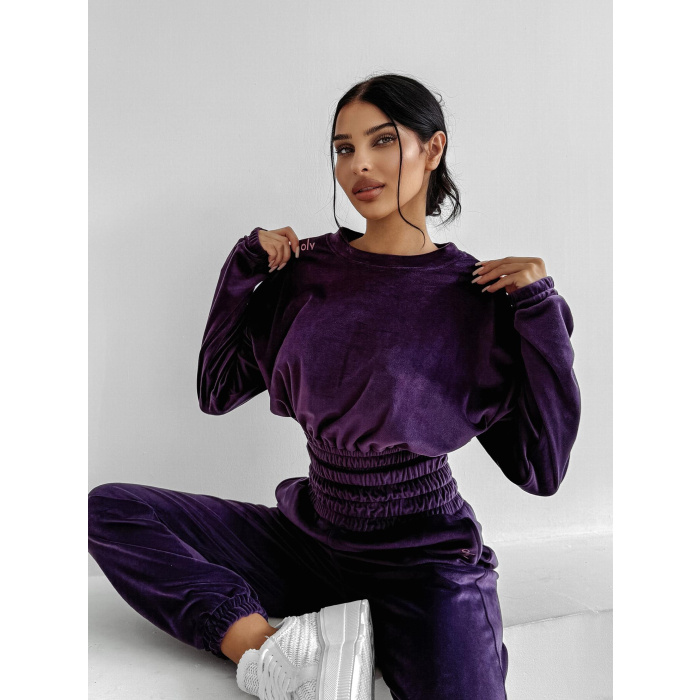 KOMPLET DRES WELUROWY HAFT OLAVOGA VELVET STORM PLUM