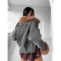 KURTKA DAMSKA DENIM OCIEPLANA ODPINANE FUTRO OVERSIZE HAFT OLAVOGA MONDEO DARK GREY