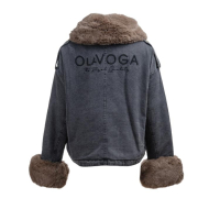 KURTKA DAMSKA DENIM OCIEPLANA ODPINANE FUTRO OVERSIZE HAFT OLAVOGA MONDEO DARK GREY
