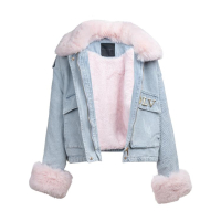 KURTKA DAMSKA DENIM OCIEPLANA ODPINANE FUTRO OVERSIZE HAFT OLAVOGA MONDEO LIGHT BLUE