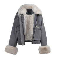 KURTKA DAMSKA DENIM OCIEPLANA ODPINANE FUTRO OVERSIZE HAFT OLAVOGA MONDEO GREY