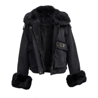 KURTKA DAMSKA DENIM OCIEPLANA ODPINANE FUTRO OVERSIZE HAFT OLAVOGA MONDEO BLACK
