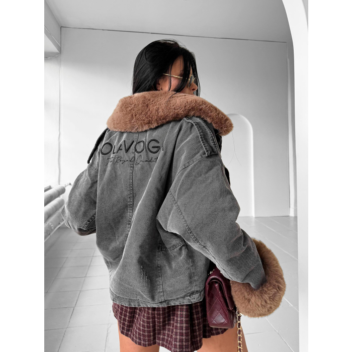 KURTKA DAMSKA DENIM OCIEPLANA ODPINANE FUTRO OVERSIZE HAFT OLAVOGA MONDEO DARK GREY