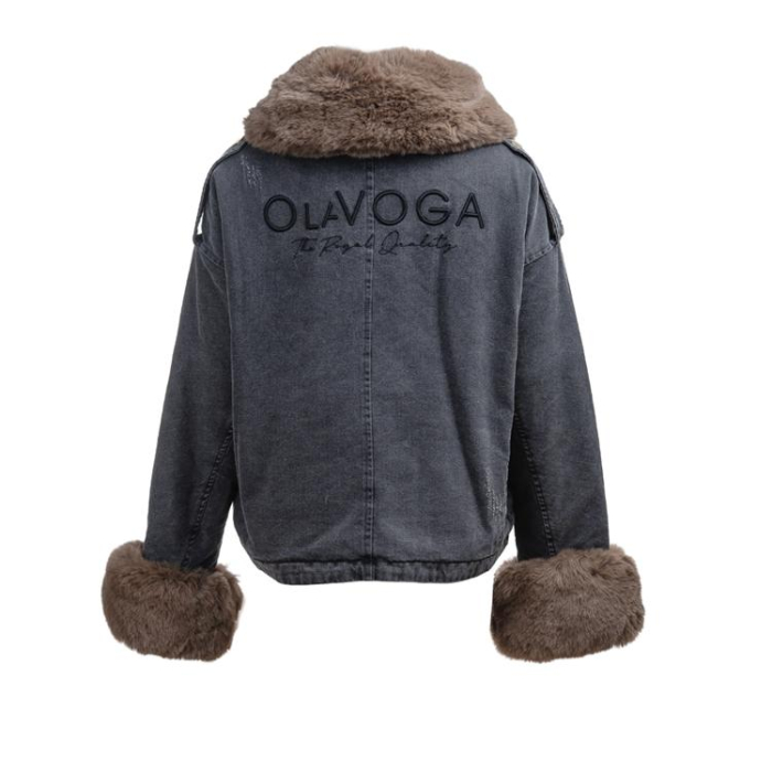 KURTKA DAMSKA DENIM OCIEPLANA ODPINANE FUTRO OVERSIZE HAFT OLAVOGA MONDEO DARK GREY