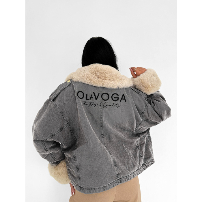 KURTKA DAMSKA DENIM OCIEPLANA ODPINANE FUTRO OVERSIZE HAFT OLAVOGA MONDEO GREY