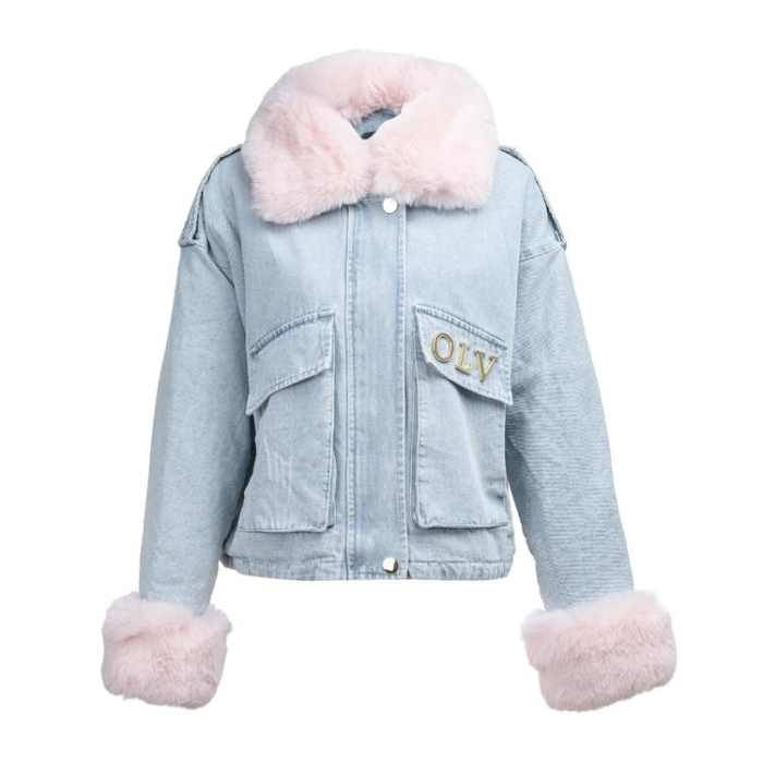 KURTKA DAMSKA DENIM OCIEPLANA ODPINANE FUTRO OVERSIZE HAFT OLAVOGA MONDEO LIGHT BLUE
