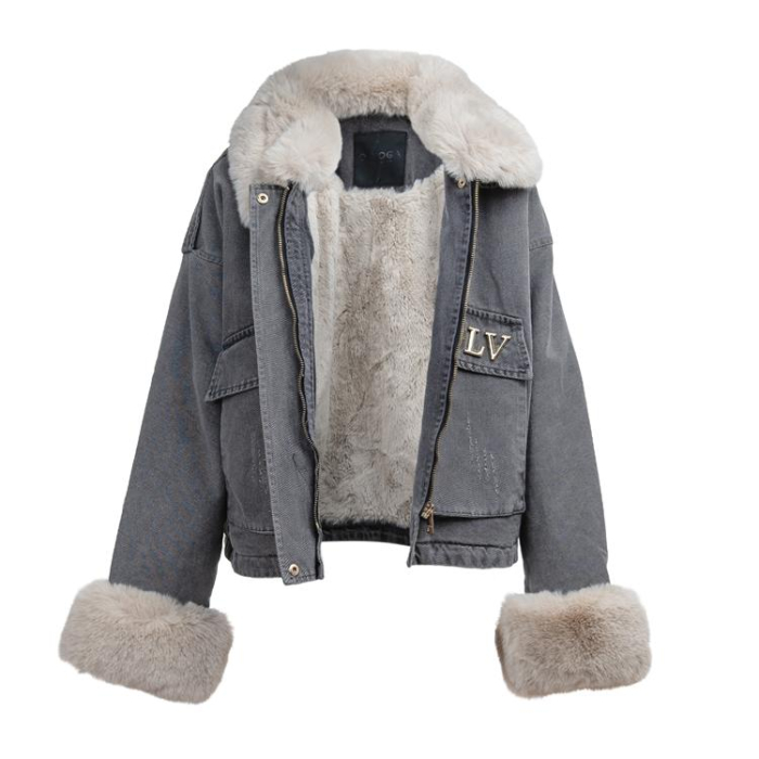 KURTKA DAMSKA DENIM OCIEPLANA ODPINANE FUTRO OVERSIZE HAFT OLAVOGA MONDEO GREY