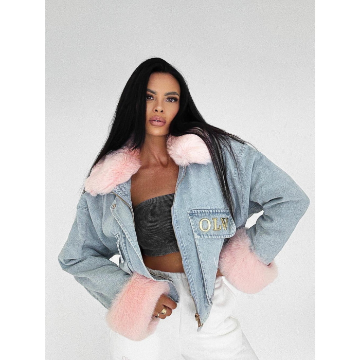 KURTKA DAMSKA DENIM OCIEPLANA ODPINANE FUTRO OVERSIZE HAFT OLAVOGA MONDEO LIGHT BLUE