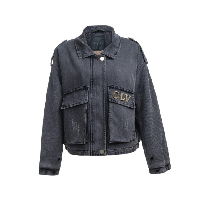 KURTKA DAMSKA DENIM OCIEPLANA ODPINANE FUTRO OVERSIZE HAFT OLAVOGA MONDEO DARK GREY