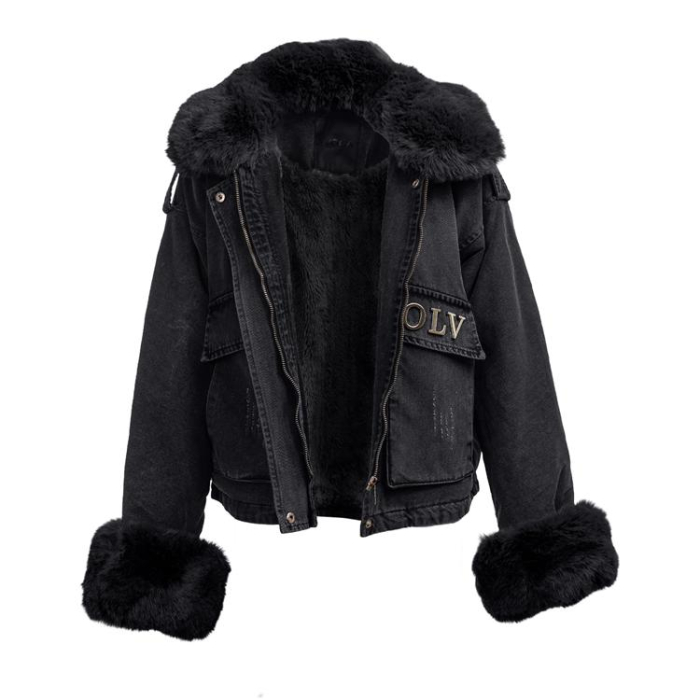 KURTKA DAMSKA DENIM OCIEPLANA ODPINANE FUTRO OVERSIZE HAFT OLAVOGA MONDEO BLACK