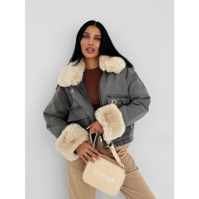 KURTKA DAMSKA DENIM OCIEPLANA ODPINANE FUTRO OVERSIZE HAFT OLAVOGA MONDEO GREY