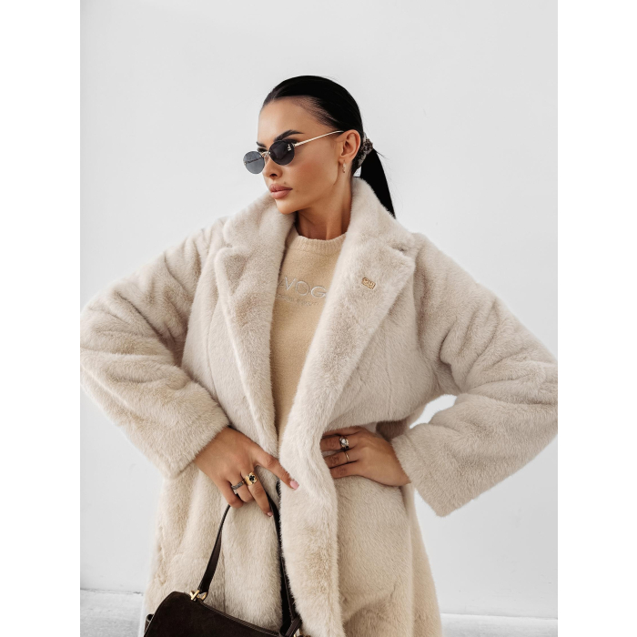 KURTKA PŁASZCZ FUTRO DAMSKI DŁUGI OVERSIZE OLAVOGA MINO BEIGE