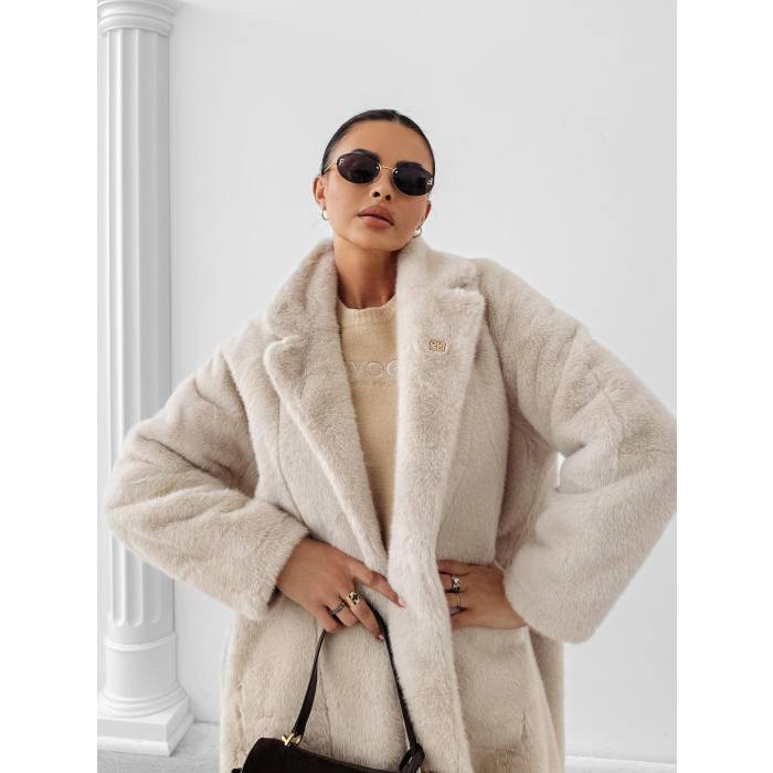 KURTKA PŁASZCZ FUTRO DAMSKI DŁUGI OVERSIZE OLAVOGA MINO BEIGE