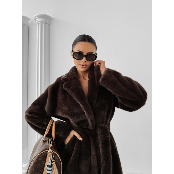 KURTKA PŁASZCZ FUTRO DAMSKI DŁUGI OVERSIZE OLAVOGA MINO BROWN