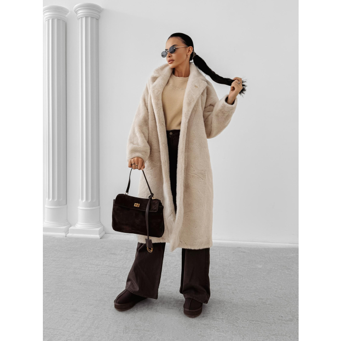 KURTKA PŁASZCZ FUTRO DAMSKI DŁUGI OVERSIZE OLAVOGA MINO BEIGE