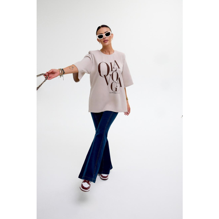 BLUZKA T-SHIRT DAMSKI OVERSIZE OLAVOGA MORNING FOG BEIGIE