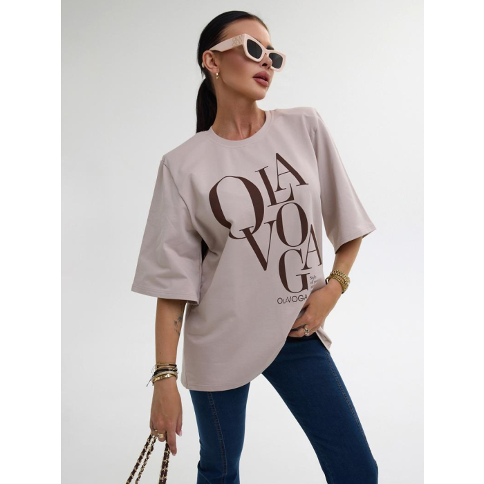 BLUZKA T-SHIRT DAMSKI OVERSIZE OLAVOGA MORNING FOG BEIGIE